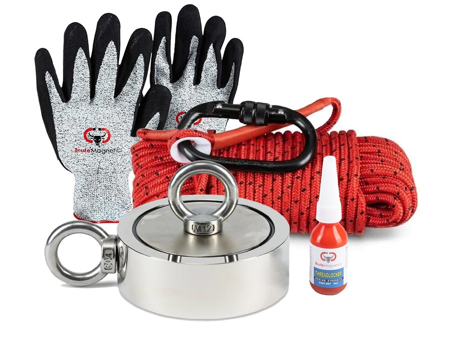 Brute Magnetics, 1200 lb Magnet Fishing Bundle | Includes Rope, Carabiner, and Gloves