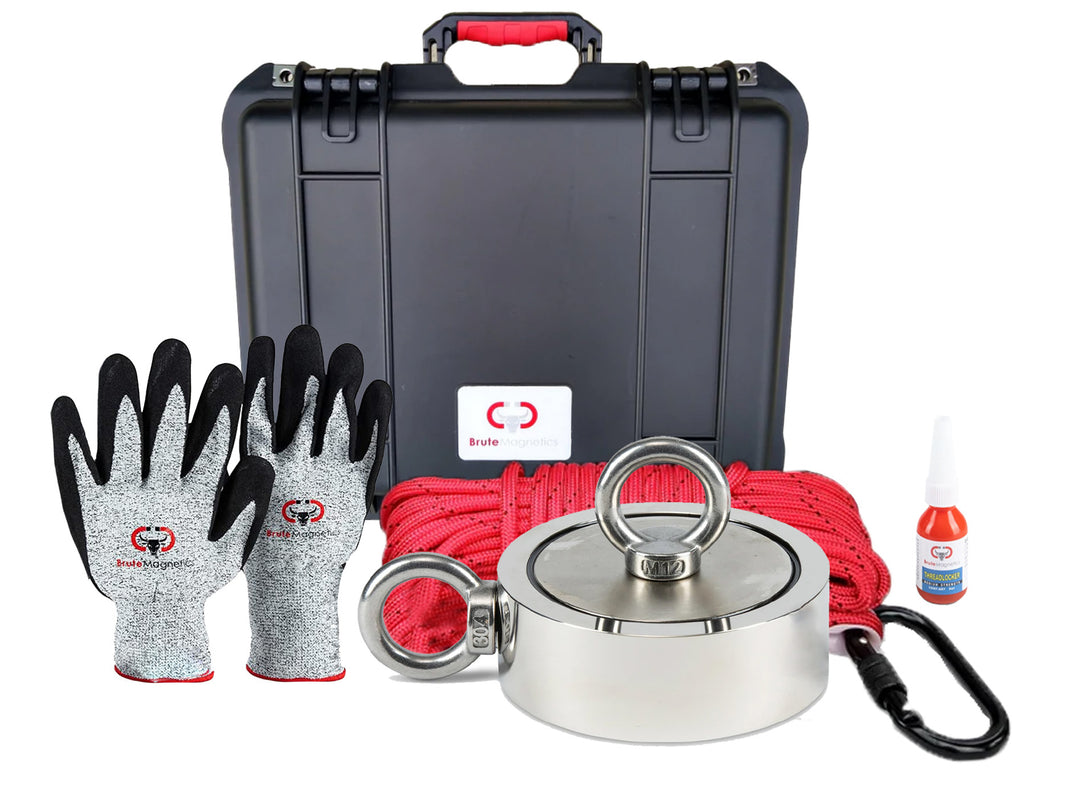 Brute Magnetics Wildebeest 4250 lb Magnet Fishing Kit | The World’s Strongest Double Sided Fishing Magnet | Includes Case, Rope, Carabiner, and Gloves