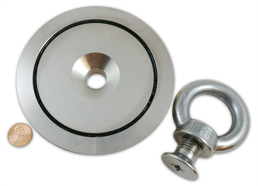 Brute Magnetics, 1200 lb Single Sided Fishing Magnet, Penny Size Comparison, Parts Disassembled