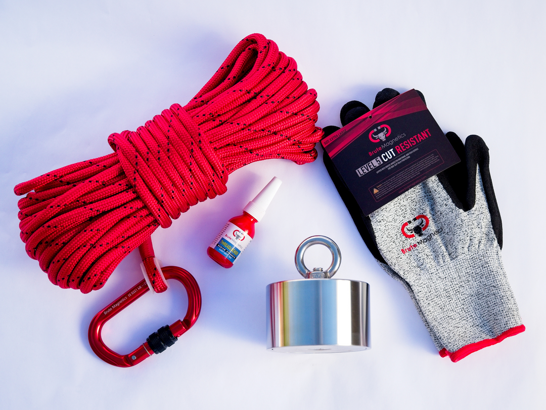 Brute Magnetics Boss 360 degree magnet bundle with Rope, Aluminum Carabiner, Cut Resistant Gloves and Threadlocker