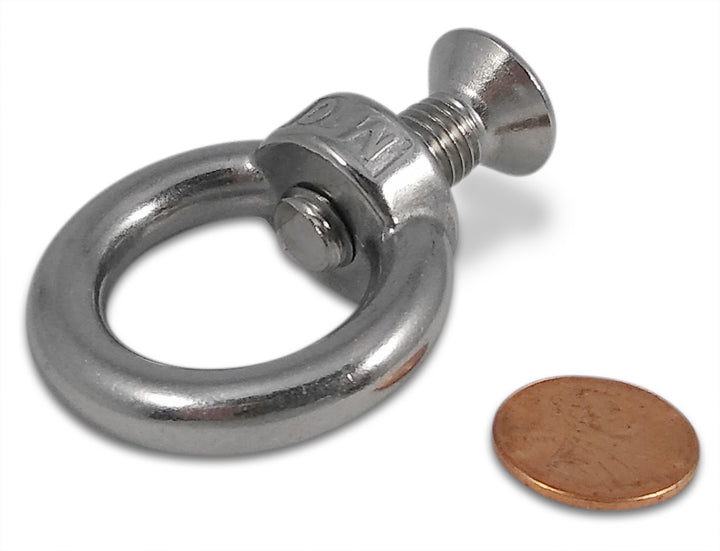 Brute Magnetics, Stainless steel eyebolt with screw. Penny Size Comparison