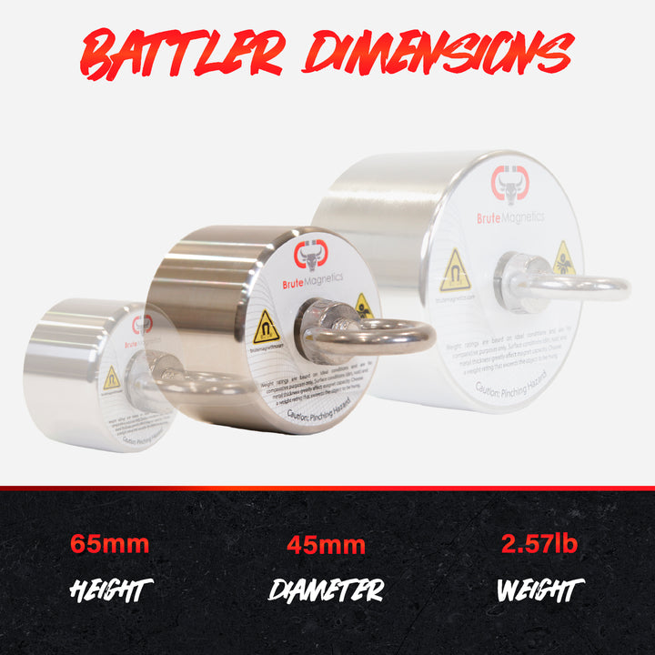 Brute Magnetics, Battler 360° Magnet Fishing Bundle | 1500 lb Pull Force | Magnet side view product dimensions