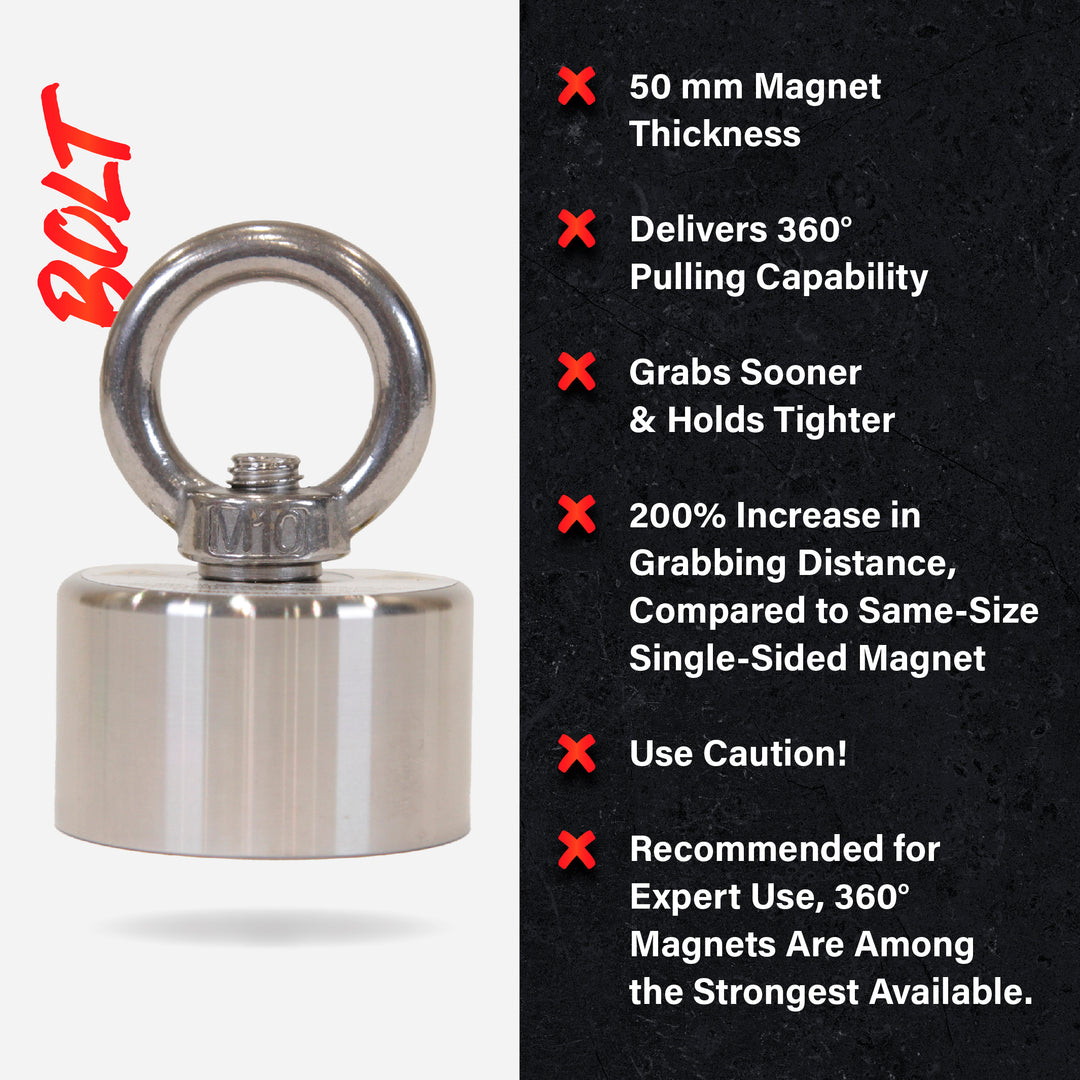 Brute Magnetics, Bolt 360° Magnet Fishing Bundle | 800 lb Pull Force | Magnet, Rope, Carabiner, Threadlocker, Gloves Product Overview