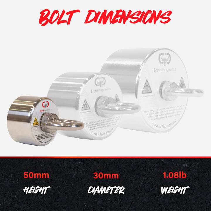 Brute Magnetics Bolt 360° Fishing Magnet | 800 lb Pull Force Side View Product Dimensiosn