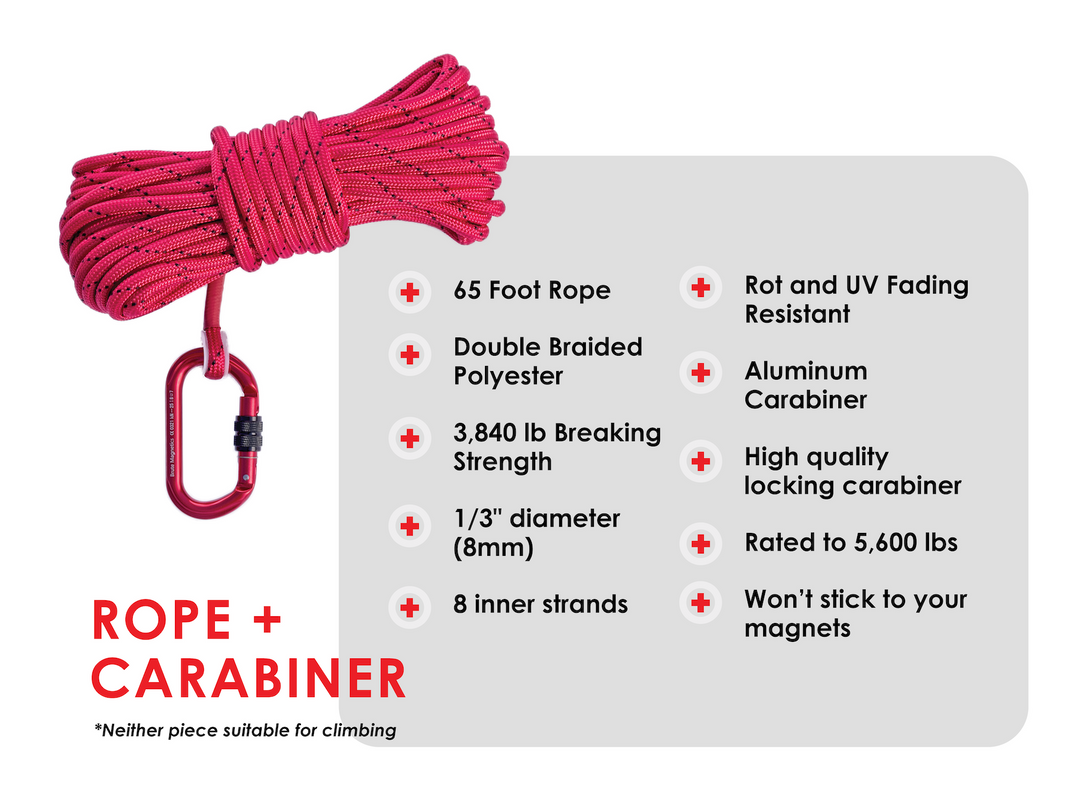 Rope and Carabiner- 65ft rope w/ double brasied polyester, 3,840 lb breaking strength, 1/3" diameter, 8 inner strands, rot and UV fading resistant, aluminum carabiner, high quality locking carabiner rated to 5,600 lbs and it won't stick to your magnets