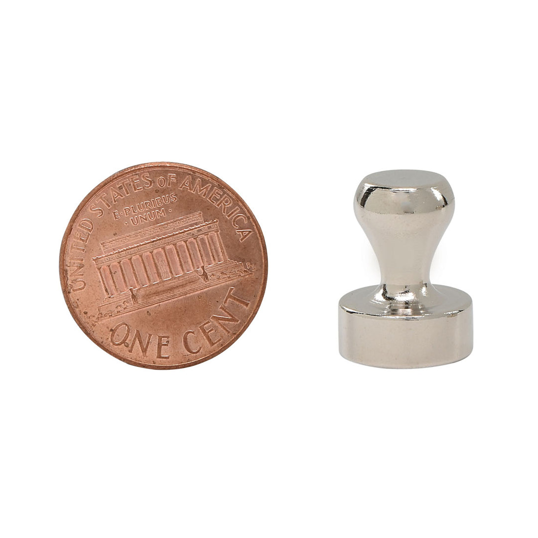 Brute Magnetics, Brushed Nickel Magnetic Push Pin Penny size comparison