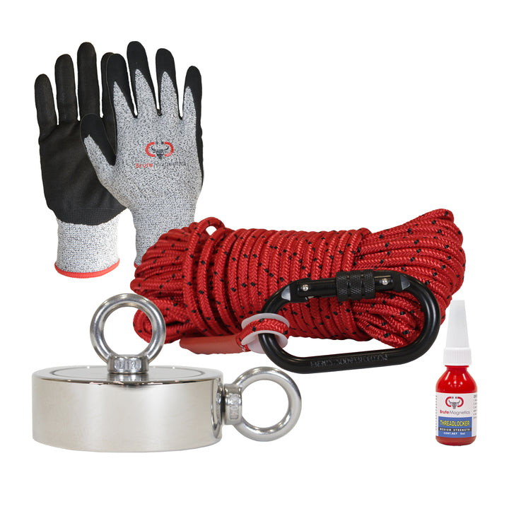Brute Magnetics, 2600 Double Sided Magnet, Threadlocker, Gloves, Rope and Carabiner