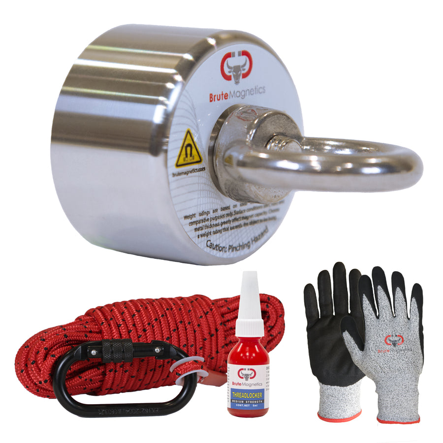 Brute Magnetics, Bolt 360° Magnet Fishing Bundle | 800 lb Pull Force | Magnet, Rope, Carabiner, Threadlocker, Gloves