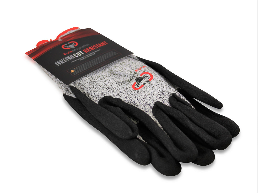 Brute Magnetics, Cut Resistant Gloves top down view with packaging