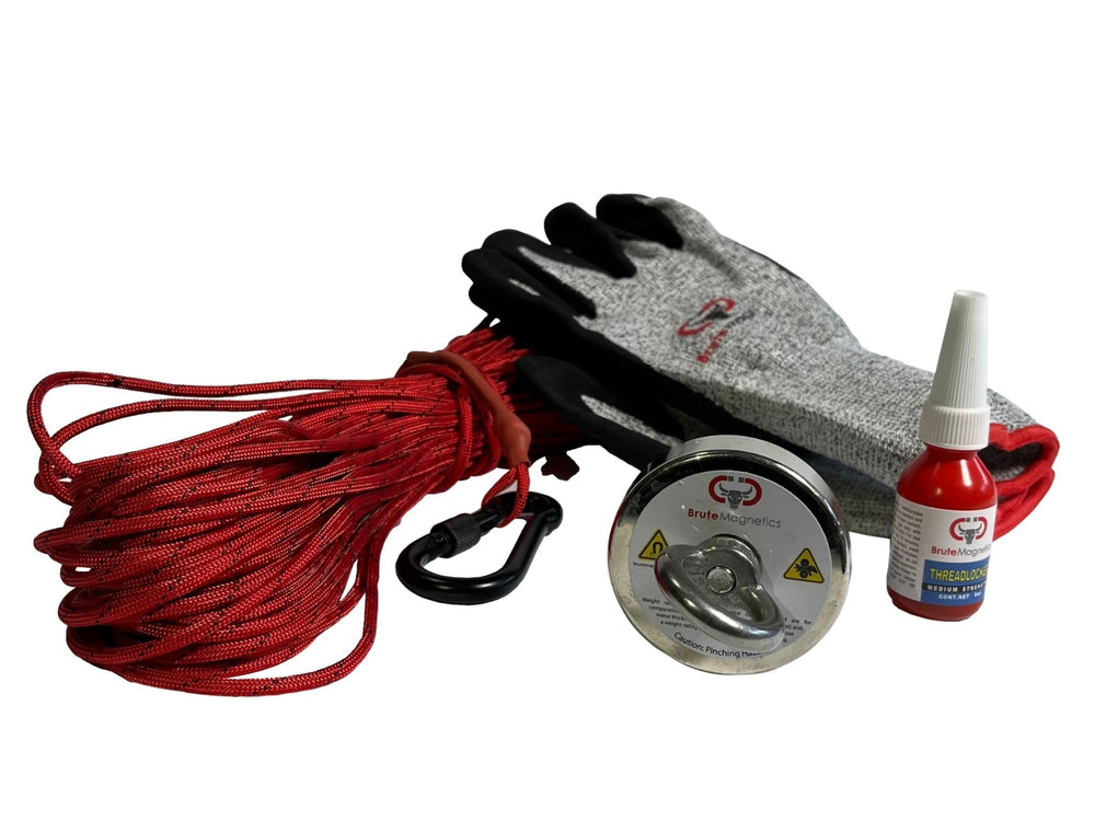 Brute Magnetics, 425 lb Single Sided Junior Magnet Fishing Bundle | Includes Rope, Gloves, Carabiner and Thread Locker