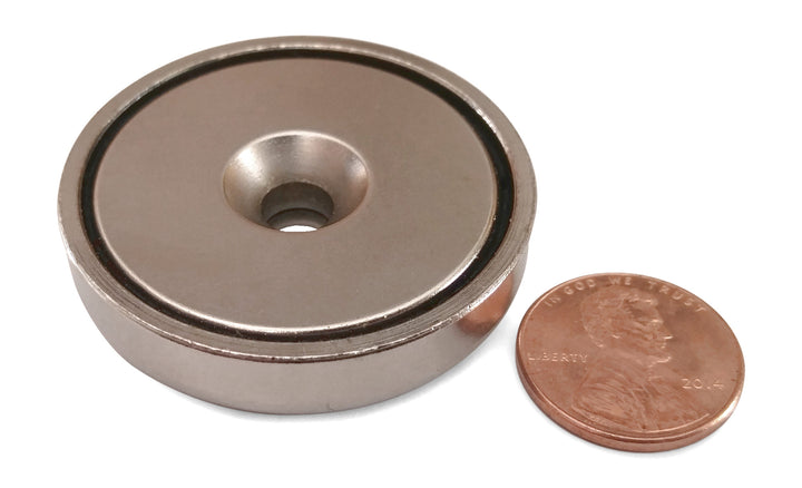 Brute Magnetics, Products Round Neodymium Magnet with Countersunk Hole, Penny Size Comparison